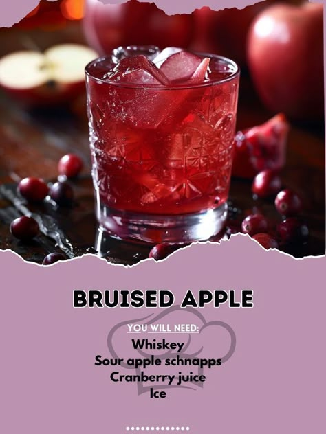 Fill shaker with ice, whiskey, sour apple schnapps, cranberry juice. \nShake, strain into chilly glass. \nTaste the mystery with sharp flavors. Perfect for spooky gatherings or a twist in your evening! \n#DarkDelight #SpookyCocktails #AppleTwist Halloween Drinks Alcohol Whiskey, Yummy Homemade Drinks, Apple Schnapps, Bartender Drinks Recipes, Apple Cocktail, Cocktail Drinks Alcoholic, Whiskey Shots, Juice Ice, Yummy Alcoholic Drinks