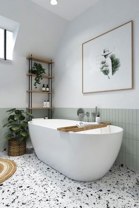 a serene neutral bathroom with a light green tile stacked backsplash, a terrazzo floor, an oval tub, potted plants and a bold artwork Light Green Tile, Bathroom Terrazzo, Green Bathrooms, Terrazzo Bathroom, Bathroom Ensuite, Neutral Bathroom, Bold Artwork, Blogger Inspiration, Designer Living