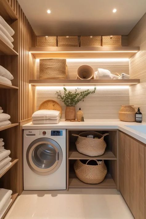 Muji Laundry Room, Beige Laundry Room Ideas, Nordic Laundry Room, Zen Laundry Room, Utility Room Office, Japandi Interiors Small House, Concealed Laundry Room Ideas, Japandi Laundry Room Ideas, Utilities Room Ideas