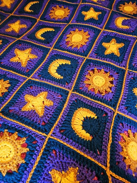 Sun Moon And Star Crochet Blanket, Sun Moon Star Crochet Blanket, Celestial Granny Square Blanket, Sun Moon Star Granny Square, Space Baby Blanket Crochet, Crochet Blanket With Stars, Whimsigoth Crochet Blanket, Moon Blanket Crochet, Space Granny Square Crochet