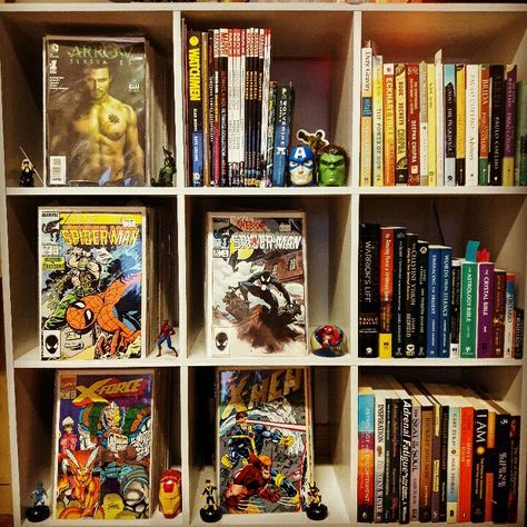 My bookshelf of comics, graphic novels and books. 📚🔥 #marvel Comic Book Bookshelf, Comics Bookshelf, Comic Bookshelf, Comic Room, Games Room Inspiration, School Romance, Nerd Room, High School Romance, My Bookshelf