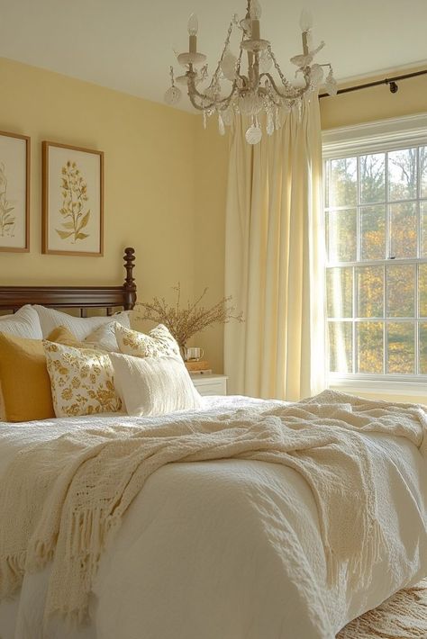 Sunbeam Boudoir Yellow And Wood Bedroom, Pink Yellow Grey Bedroom, Yellow Bedroom Walls Aesthetic, Small Airy Bedroom, Soft Yellow Bedroom Ideas, Yellow Room Color, Light Yellow Bedroom Ideas, Soft Yellow Room, Yellow Cottage Bedroom