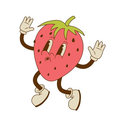 Strawberry Character Illustration, Healthy Food Cartoon, Food Character Design, Strawberry Character, Fruit Character, Retro Strawberry, Healthy Vegan Food, Vintage Mascot, Cartoon Strawberry