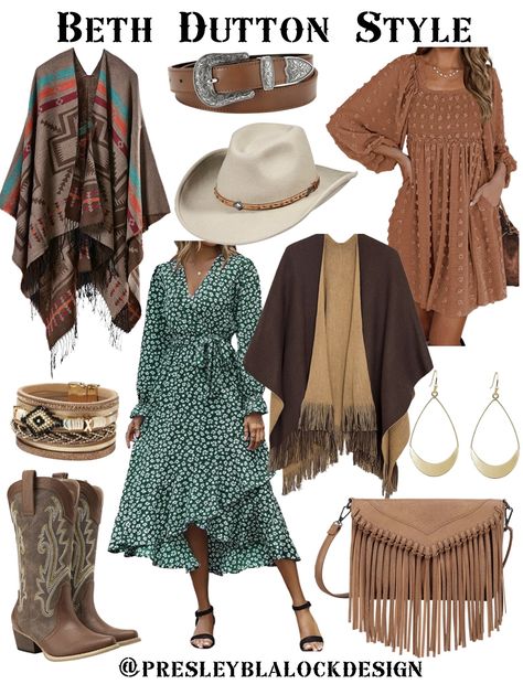 Beth Dutton Cowboy Boots, Beth Dutton Clothing Style, Beth Dutton Yellowstone Jewelry, Beth Dutton Yellowstone Style, Yellowstone Inspired Outfits Women, Yellowstone Fashion Beth, Fall Western Boho Outfits, Beth Dutton Style Dresses, Beth Dutton Hat