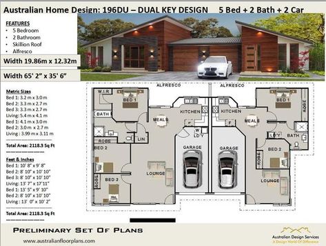 Features: Duplex 2 Family House Plans 5 Bedrooms - 2115 Sq. Ft (196 m2 ) 5 Bedrooms Duplex Design 196 DU Concept Plans ---------------------------------------------------------------------- USA feet & Inches - Australian Metric Sizes House Plans Australia, House Plans For Sale, Duplex Floor Plans, Duplex For Sale, Duplex Plans, Duplex Design, Duplex House Plans, Duplex House Design, Plans Modern