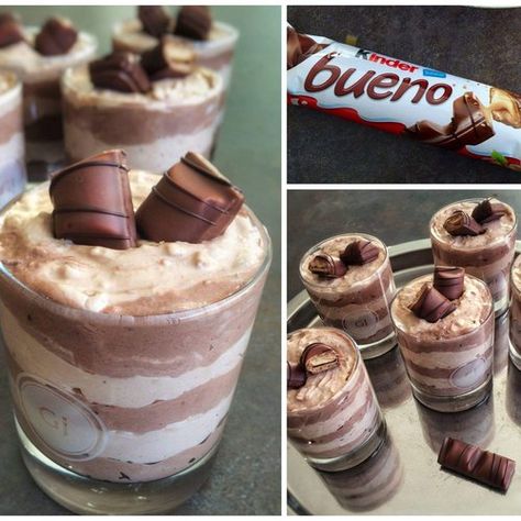 Recette Mousse Kinder Bueno® sur Chefclub original | chefclub.tv Hazelnut Tiramisu, Kinder Bueno Recipes, Recipe Tiramisu, Bueno Recipes, Nobake Dessert, Mousse Cups, Dessert Cups Recipes, Dessert Original, Chefclub Tv