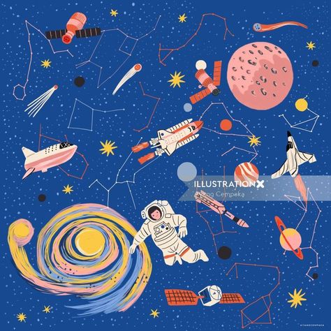 Children space theme illustration Watercolor Whimsical, Theme Illustration, Flask Design, Astronaut Illustration, Children's Book Illustrations, Business Cartoons, 동화 삽화, Mary Blair, Space Illustration