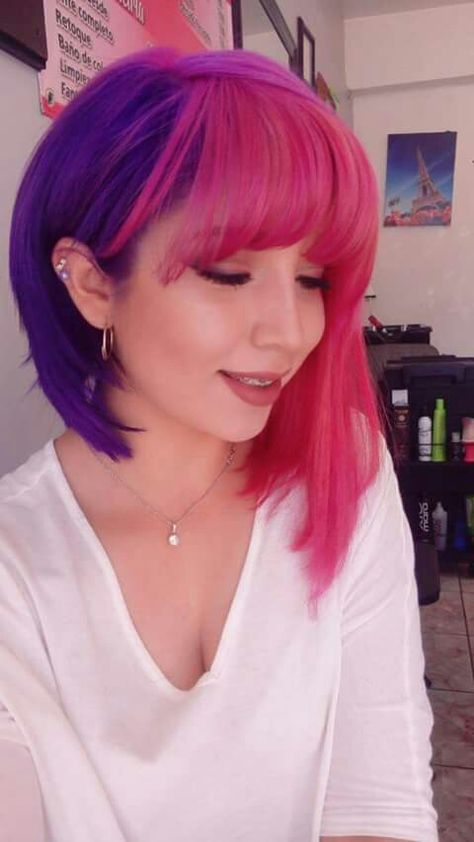 Pink And Purple Bob Hair, Purple Pink Short Hair, Purple Hair Pink Bangs, Pink And Purple Hair With Bangs, Purple Hair With Pink Bangs, Purple And Pink Hair Short, Hot Pink Purple Hair, Pink And Purple Split Dye Short Hair, Pink Roots Purple Hair