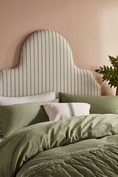 Cosy green bedroom decor ideas Striped Upholstered Headboard, Ticking Stripe Headboard, Headboard Fabric Ideas, Pinstripe Headboard, Head Boards For Beds, Green Headboard Bedroom Ideas, Scallop Headboard, John Lewis Furniture, Green Bedroom Decor Ideas