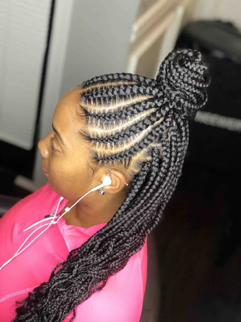 Front cornrows into bun; back box braids Half Up Half Down Cornrows Braids, Cornrows In The Front Box Braids In Back, Front Cornrows, Half Box Braids, Half Cornrows Half Box Braids, Protective Styles For Natural Hair Short, Half Cornrows, Braided Ponytails, Pixie Braids