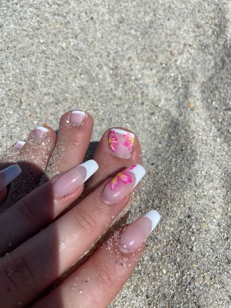 Hibiscus flower nails with french. Matching mani/pedi Nails With Hibiscus Flower, Nails With Hibiscus, Matching Mani Pedi, Nails With French Tip, Summer Flower Nails, Hibiscus Flower Nails, Hibiscus Nails, Tropical Nails, Hibiscus Flower