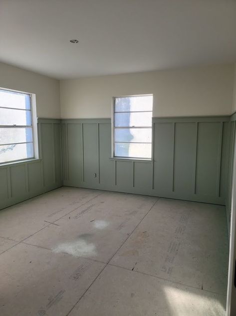 Board And Batten Evergreen Fog, Board And Batten All Walls, Board And Batten Room Bedrooms, One Wall Paneling Living Room, Sage Green Waynes Coating, Gray Green Wainscotting, Green Batten Board Walls, Hunter Green Board And Batten Wall, Batton Board Green