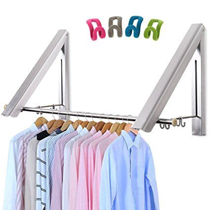 LIVEHITOP Foldable Wall Mounted Clothes Rail 2 Pieces Hanger Racks, Adjustable Aluminum Coat Skirt Organiser Rod Wardrobe Hooks for Bedroom Bathroom Balcony Indoor Outdoor Dorm Closet, Laundry Room Drying Rack, Foldable Wall, Wall Mounted Drying Rack, Laundry Rack, Space Saving Hangers, Folding Walls, Drying Rack Laundry, Clothes Rail