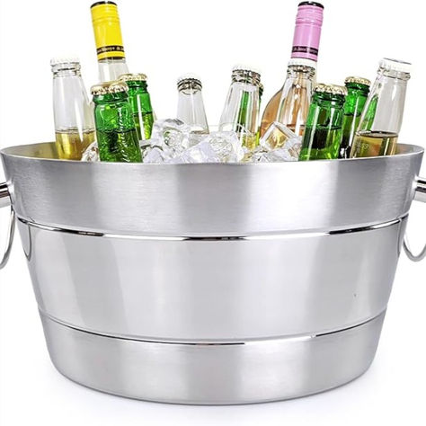 BREKX Stainless Brushed Steel Beverage Tub, Double Wall Insulated Anchored Ribbed Drink Tub & Ice Bucket with Double Hinged Handles, Drink Chiller for Parties, Round, 12QT (3 Gallon), 100% Leak Proof Large Ice Bucket, Drink Bucket, Beverage Coolers, Beer Bucket, Metal Tub, Beverage Tub, Wine Bucket, Party Catering, Metal Bucket