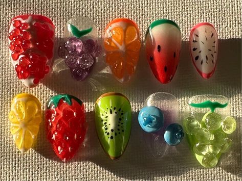 Funky 3d Nails, Chunky Short Nails, Fruitiger Aero Nails, Colorful Wedding Nails, Nail Press On Designs, Nail Press On, Tamagotchi Nails, Fruit Nails Acrylic, Kidcore Nails