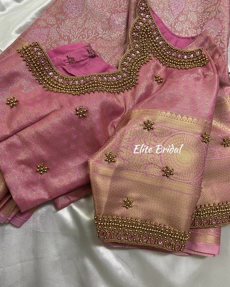 Customised Simple work blouse by elite bridal 💓 Simple And Grand Look Blouse Designs, Simple Bead Work Aari Blouse, Arri Work Blouse Designs Wedding, Baby Pink Blouse Designs, Unique Aari Work Blouse Designs, Golden Blouse Aari Work, Pink Aari Work Blouse Designs, Pink Maggam Work Blouse, Grand Aari Work Blouse Design