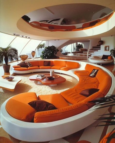 Orange living rooms by @thevxsxons Futuristic Couch, Orange Living Rooms, 70s House Decor, Furniture Magazine, Dream House Aesthetic, 80s Interior, 70s House, 70s Interior, Small Bathroom Interior