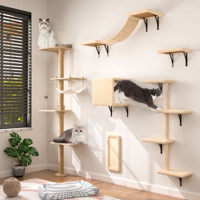 Are you still worrying about limited space at home, too crowded to allow your kitty to climb as high as possible? Do not curb their natural instincts! Do not hestatite to choose our wall cat cave shelves bridge scratching post set! Wrapped with natural, durable sisal to excite your frisky feline. To create a cat playground, promoting exercise so they can jump, swoop, and climb. Above all, cats will love the ability to explore new heights. | Tucker Murphy Pet™ Damyanti Wall-mounted Cat Tree Shelf Cat Climber, Large Cat Tree, Spring Frame, Cat Window Perch, Cat Wall Shelves, Tree Shelf, Cat Wall Furniture, Outdoor Cat House, Cat Playground