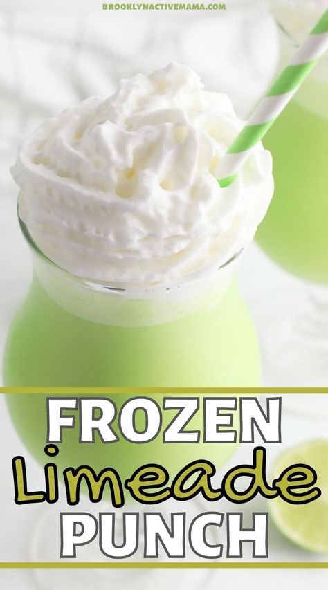 A super easy and yummy frozen limeade punch mocktail that will cool you off on a hot day! A lime flavored milkshake type of drink that you will love. Lime Slushie Recipe, Frozen Drinks Nonalcoholic, Limeade Slush Recipe, Frozen Limeade Margarita, Limeade Punch, Punch Mocktail, Limeade Margarita, Limeade Drinks, Boozy Shakes