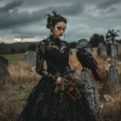 A stunning bride in a black lace gown, standing alone in a desolate graveyard, holding a wilted bouquet, with a dark, overcast sky and an ominous raven perched nearby. This vintage-inspired digital download is perfect for printing and decorating your living room, bedroom, dining area, or even your office. Elevate your space with a touch of eerie charm and academic aesthetic. Our printable wall art files are available for instant download. Whether you prefer printing at home or utilizing a printi Dark Bridgerton Aesthetic, Dark Prom Aesthetic, Dark Fantasy Wedding Dress, Vintage Gothic Wedding Dress, Bride Black Dress, Graveyard Wedding, Wilted Bouquet, Romantic Goth Aesthetic, Persephone Costume