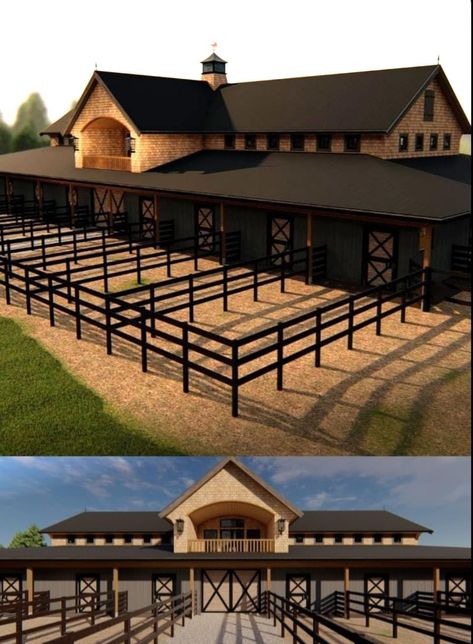 Horse Stable Aesthetic Exterior, Fancy Equestrian Facility, Fancy Horse Stables, Horse Feed Room Ideas, Equestrian Cottage, Equestrian Facility Layout, Modern Horse Barn, Stables Minecraft, Potter Manor