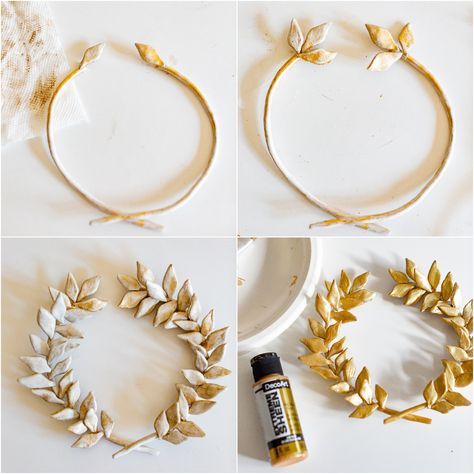 Decorative Brass Kotinos Resting Wreath DIY Diy Laurel Wreath Crown, Laurel Wreath Diy, Greek Decorations, Greek Goddess Costume Diy, Greek Wreath, Greek Night, Gladiator Costume, Laurel Wreath Crown, Upcycled Picture Frames