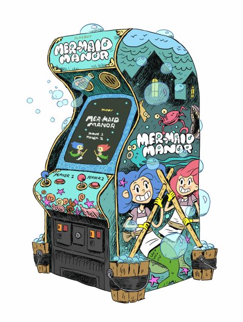 'Mer-Maid Manor', An Incredible Illustration of a Fictional Arcade Game Cabinet by Zac Gorman Angry Sea, Sea Anemones, Props Concept, Bg Design, Props Art, Game Machine, Game Props, Arcade Machine, Prop Design