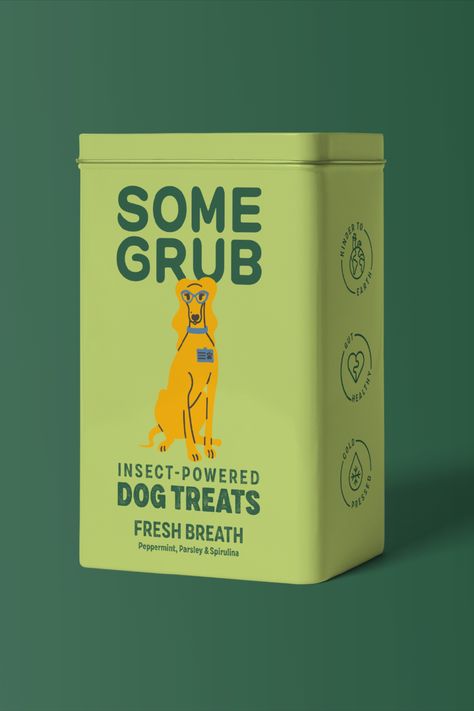 Rhombus Studio collaborates with Some Grub to redefine responsible pet parenting with their sustainable dog treats made from insects. Inspired by retro tins from the early 1900s, the warm illustrations, balanced with hand-rendered typography and the unmistakable logo, create adorable and informative packaging highlighting Some Grub's commitment to the planet and pets' health. Dog Treat Design, Dog Food Branding Design, Pet Products Packaging, Dog Packaging Design, Dog Treat Packaging Ideas, Pet Packaging Design, Dog Treats Packaging, Dog Packaging, Dog Food Packaging