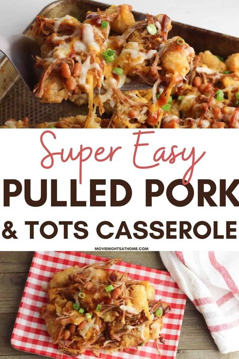 This tater tot & pulled pork casserole recipe is a great way to used leftover BBQ! This family favorite includes BBQ sauce, cheese, and beans. Pulled Pork Pork Chops, Shredded Pork Tater Tot Casserole, Bbq Pulled Pork Casserole, Bbq Pork Potatoes, Pulled Pork Tator Tot Nachos, Ideas For Pulled Pork Leftovers, Using Pulled Pork Leftovers, Dinner With Pulled Pork, Pulled Pork Hashbrown Casserole