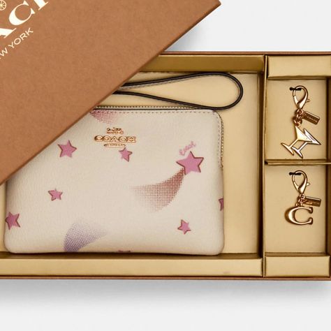 Brand New. Still Sealed In Plastic. I Opened Mine For Photos. Coach Boxed Wristlet Set. Wristlet Is A Cream/White With Pink Stars. Also Comes With Two Charms. Cute Wristlet Keychains, Denim Wristlet, Pink Wristlet, Trendy Hoodies, Card Purse, Cute Wallets, Coach Gift, Coach Gifts, Coach Wristlet