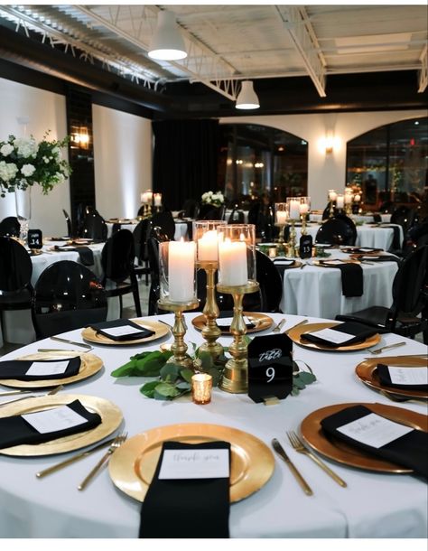 Black And Gold Wedding Theme Ideas, Champagne And Black Wedding Decor, Black White Gold Table Setting, All White Table Decor, Black And Gold Party Decorations Classy, Black Gold Table Decor, Black Gold Table Setting, Black Gold Wedding Table, Black Gold White Wedding