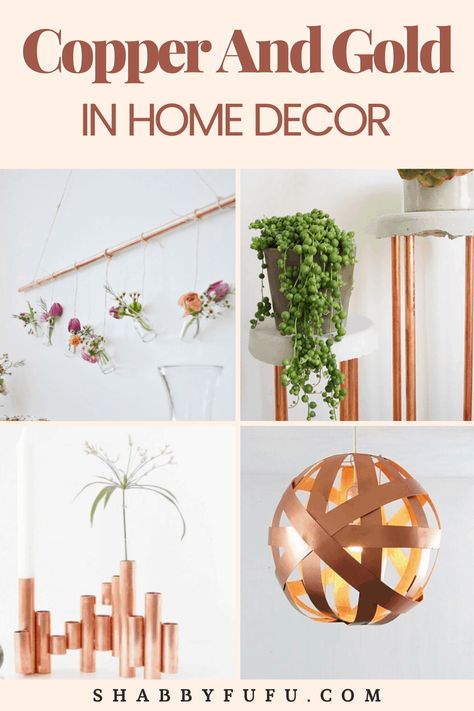 Update your rooms with some copper decor! On this post you'll find the most lovely DIY Copper Tutorials, easy, inexpensive and metallic items like lamps, planters, hangers and more. Check it out! #HomeDIY #DIYDecor #DIYIdeas #Copper #CopperDecor #SFF255 Diy Copper Decor, Copper Room Decor, Copper Diy Projects, Copper Home Decor, Copper Pipes, Diy Copper, Thrift Store Diy, Copper Crafts, Metallic Style