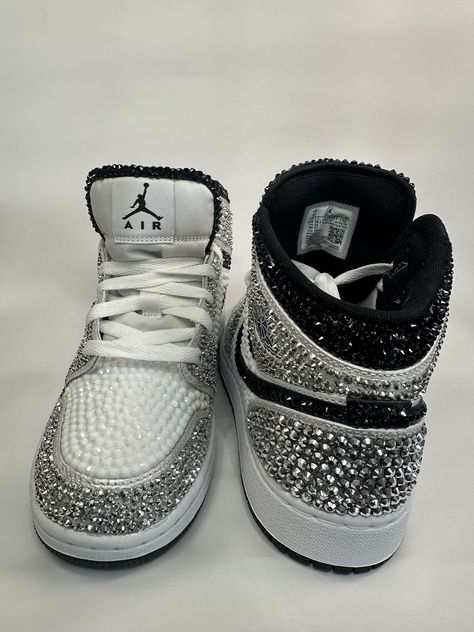 Rhinestone Sneakers, Cute Uggs, Jordan 1 Mids, Cute Casual Shoes, Casual Shoes Women Sneakers, Sneaker Ball, Bedazzled Shoes, Nike Shoes Women Fashion, Pretty Sneakers