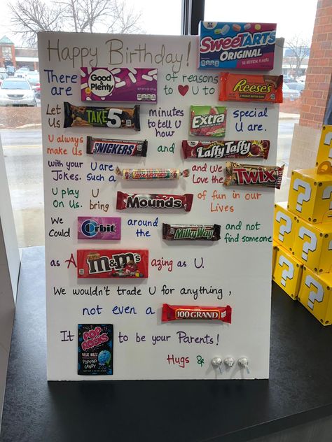 Candy Birthday Poster For Friend, 18th Birthday Candy Bar Poster, Candy Grams Poster, Candy Bar Message Board, Candy Birthday Board Ideas, 18th Birthday Candy Poster, Poster Board Birthday Card, Candy Birthday Board, Candy Birthday Cards For Friends