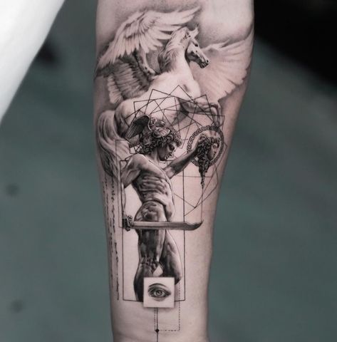 Dualism Tattoo, Greek Style Tattoos, Greek Mythology Sleeve, Greek Tattoo Ideas, Hermes Tattoo, Greece Tattoo, Micro Realism, Geometric Tattoo Sleeve Designs, Tattoo Font For Men