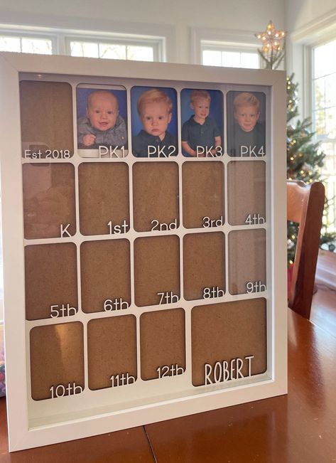 "Organize your child's PK-12 photos with this wood inner mat frame for photos of your child in every grade until graduation. This listing is for the style that includes 4 photo slots for Pre-K pictures. Small squares are about 2\"x3\" and large square is about 3.8\"x3.7\"  Fits in a 11x14 frame -- if you don't purchase from me, I recommend a display or shadow frame as width of wood is 1/8\" See last photo for font choices and enter in the personalization box. If no font is entered, Richard font Memorobelia Display, Picture Frame Kids Art Display, Grade Picture Display, K-12 Photo Display, How To Display School Pictures, School Picture Display Ideas, Diy Photo Display Ideas, Ways To Display Pictures, Christmas Photo Display