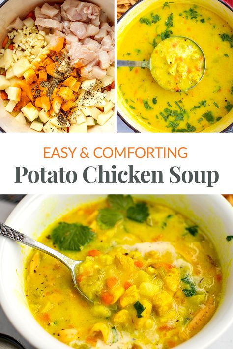 Roasted Potato Soup Recipe, Golden Soup, Carrots Chicken, Soup Potato, Mains Recipes, Chicken Potato Soup, Garlic Carrots, Recipe Using Chicken, Chicken Potato