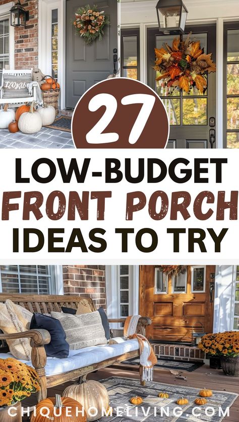 Looking to spruce up your front porch for fall without breaking the bank? Discover 27 creative and affordable decor ideas that will bring the cozy charm of autumn to your home. From DIY wreaths and pumpkin displays to rustic signs and cozy textiles, find inspiration to make your porch warm and inviting this season. 🍁🎃🍂 Pew On Front Porch, Outdoor Fall Bench Decor, Porch Shelf Ideas, Outdoor Fall Ideas, Seasonal Porch Decor, Affordable Fall Porch Decor Ideas, Fall Farmhouse Porch Decor, Fall Decor For Porch Entrance, Fall Porches Ideas Autumn Farmhouse