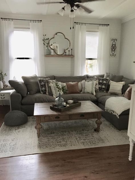 Gray And White Farmhouse Living Room, Cream Couch Grey Floors, Grey Couch Wood Furniture, Charcoal Grey Sectional Decor, Modern Farmhouse Grey Living Room, Modern Farmhouse Grey Couch Living Room, Grey Sofa Dark Wood Furniture, Dark Floor Grey Couch, Living Room Inspo Gray Couch