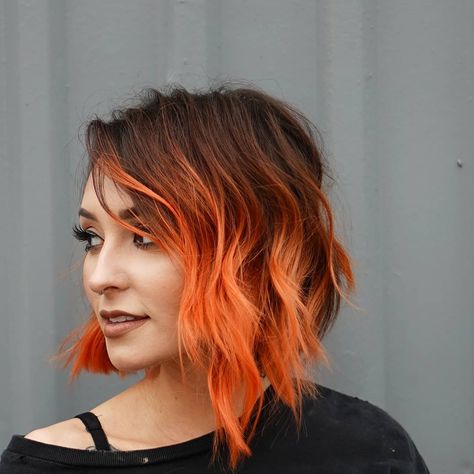 Asymmetric Bob, Bob Color, Cool Blonde Hair Colour, Unnatural Hair Color, Color Block Hair, Cheveux Oranges, Sunset Hair, Short Ombre Hair, Short Hair Undercut