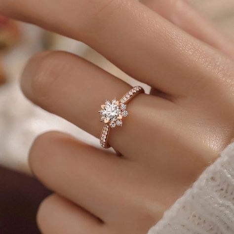 Simple Flower Engagement Ring, Moissanite Promise Ring, Engagement Rings Delicate Silver, Unique Engagement Rings Flower, Rose Gold Promise Rings, Sunflower Ring Engagement, Promise Rings For Her Simple, Simple Promise Rings For Her, Dainty Engagement Ring Gold