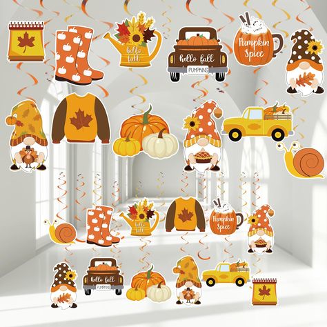 PRICES MAY VARY. THE HANGING SET: Includes 24pcs hanging swirls and 24pcs cutout cardboards, 48pcs in total, sufficient to meet your needs for party hanging decoration. Made of good metallic foil and card stock, durable and can be used for a long time. EXQUISITE ACCENTS: The cutouts are in 12 designs, each design has 2pcs, designed with assorted fall elements, truck, gnome, pumpkin, sweater, etc., while the hanging swirls are in orange and gold, matching with the theme colors of fall, creating s Streamers Ceiling, Hanging Streamers, Pumpkin Gnome, Thanksgiving Classroom, Fall Spices, Metallic Foil, Hello Autumn, Thanksgiving Decorations, Fall Pumpkins