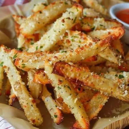 BAKED GARLIC PARMESAN FRIES Seasoned French Fries Recipe, Garlic French Fries, Parmesan French Fries, Seasoned Potato Wedges, Garlic Parmesan Fries, Burger Side Dishes, Parmesan Fries, Garlic Parmesan Potatoes, French Fries Recipe