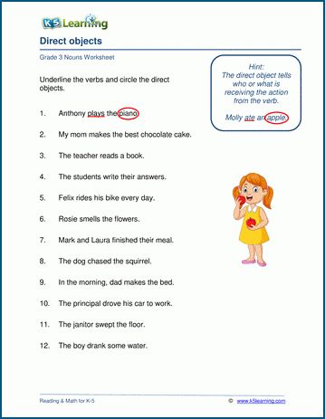 Direct objects worksheets. Every sentence has a verb; nouns often tell us who or what is receiving the action of the verb. In these worksheets students identify the verbs and direct objects in sentences. Free language arts worksheets from K5 Learning; no login required. Direct Object Worksheet, Log Math, Nouns And Verbs Worksheets, Kindergarten Grammar, Language Arts Worksheets, Adjective Worksheet, Cursive Writing Worksheets, Comprehension Exercises, Nouns Worksheet