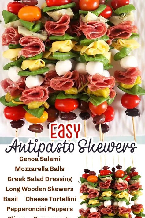 Skewers Appetizers Easy, No Cook Skewer Appetizers, Caprese Salad Skewers Appetizers, Anti Pasto Skewers, Charcuterie Board Kabobs, Italian Antipasto Skewers, Italian Appetizers Easy Appetizer Ideas Antipasto Skewers, Caprese Kabobs Skewers, Potluck Skewers