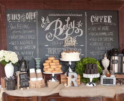 Coffee-themed Baby Shower Coffee Themed Party, Coffee Baby Shower, Coffee Bridal Shower, Bagel Cafe, Baby Is Brewing, Sprinkle Shower, Coffee Party, Couples Bridal Shower, Sprinkle Baby Shower