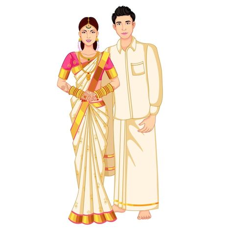 South Indian Bride Drawing, South Indian Bride Illustration, South Indian Caricature, South Indian Wedding Caricature, South Indian Couple Illustration, Indian Wedding Drawing, Indian Wedding Couple Illustration, Dress Illustration Art, South Indian Culture