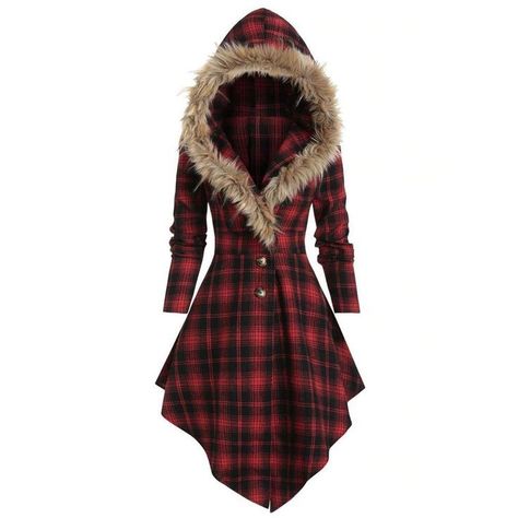 1714726c817af50457d810aae9d27a2edesc32789593ri Loose Coats, Long Sleeves Coats, Coat Women, Fur Hood, Long Sleeve Plaid, Fashion Seasons, Hooded Coat, Plaid Print, Outerwear Women