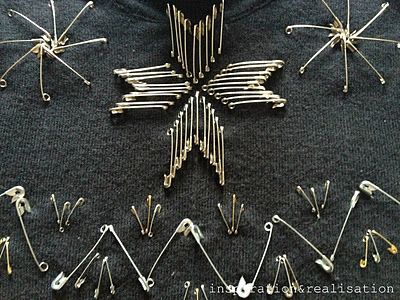 This is the perfect {recession-time} project that  will spruce up a plain sweater to a designer fancy-$chmancy look  with very little time and the least amount of money! Sweater Makeover, Safety Pins Fashion, Safety Pin Diy, Safety Pin Art, Diy Safety, Safety Pin Crafts, Plain Sweater, Safety Pin Jewelry, Pin Ideas