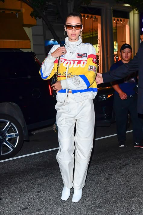 Bella Hadid as seen in the Polo Ralph Lauren Cotton Canvas Racing Jacket during #NYFW. Racing Jacket Outfit, Vintage Racing Jacket, Leather Jacket Dress, Toni Garrn, Bella Hadid Outfits, Bella Hadid Style, Hadid Style, Racing Jacket, Gigi Hadid